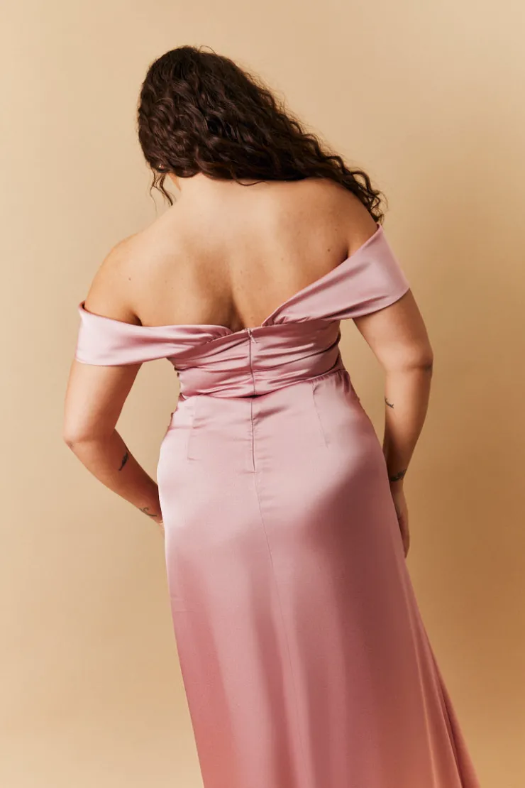 Best In The Style Satin Bardot Ruched Maxi Dress Rose pink
