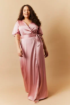 Best In The Style Satin Wrap Tie Angel Sleeve Maxi Dress Rose pink