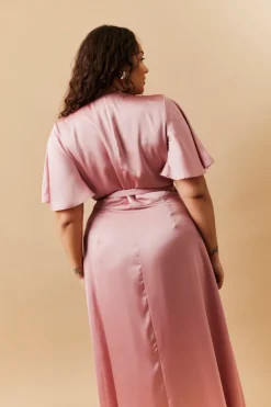 Best In The Style Satin Wrap Tie Angel Sleeve Maxi Dress Rose pink