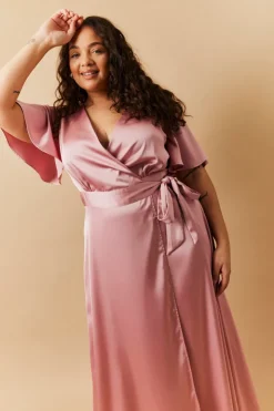 Best In The Style Satin Wrap Tie Angel Sleeve Maxi Dress Rose pink