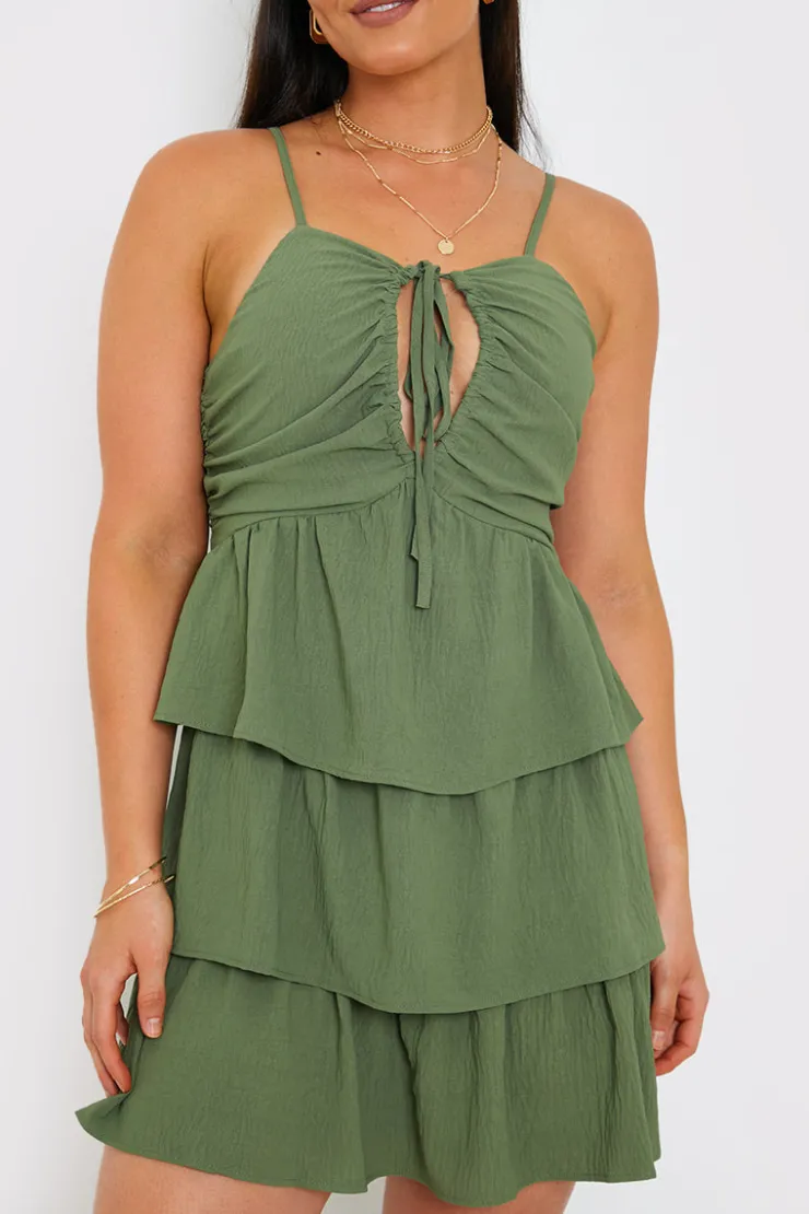 Sale In the Style Ruched Bust Tie Detail Frill Mini Dress Green
