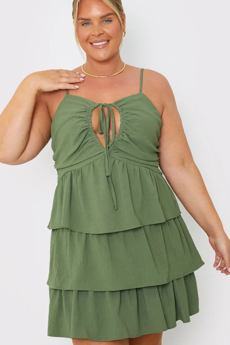 Sale In the Style Ruched Bust Tie Detail Frill Mini Dress Green