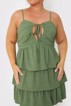 Sale In the Style Ruched Bust Tie Detail Frill Mini Dress Green