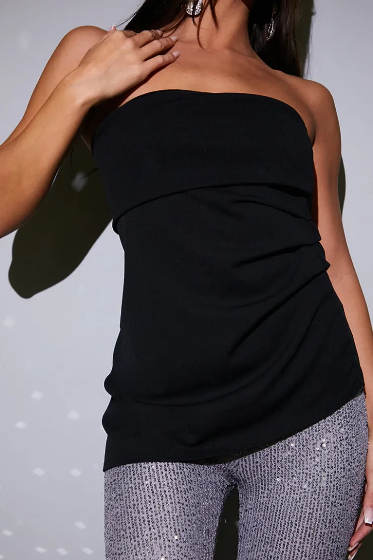 Discount In the Style Ruched Fold Over Bandeau Top Black