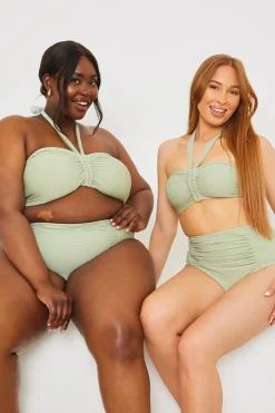 In the Style Ruched Front Detail Halter Neck Bikini Top Sage