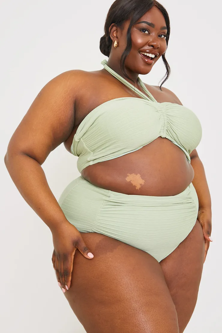In the Style Ruched Front Detail Halter Neck Bikini Top Sage