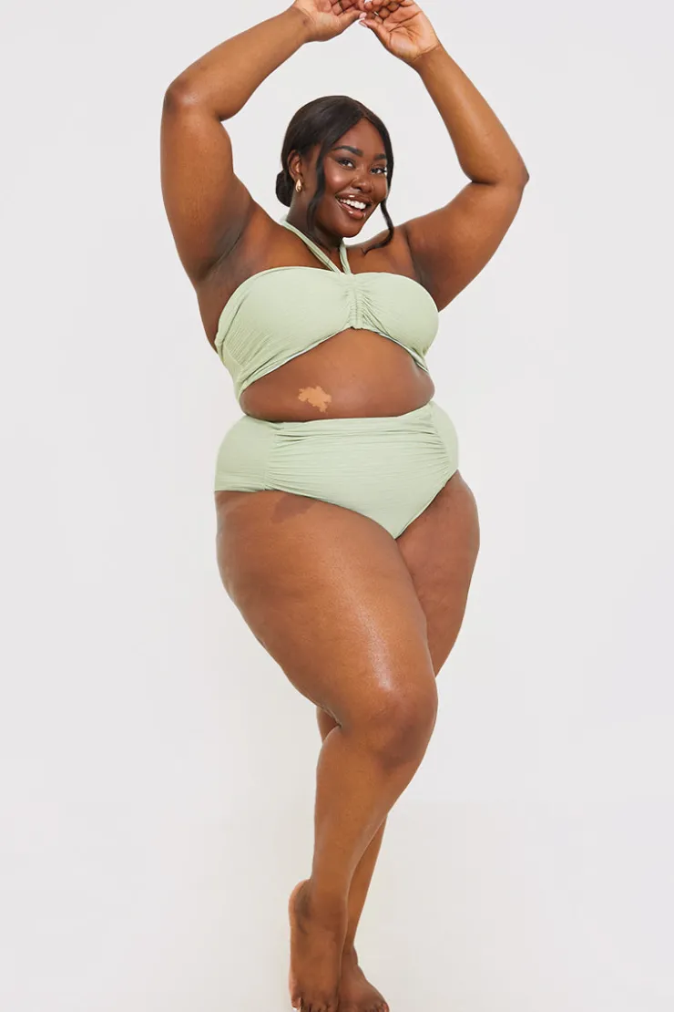 In the Style Ruched Front Detail Halter Neck Bikini Top Sage
