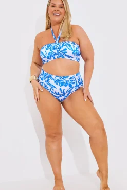 Discount In the Style Ruched Front High Waist Tropical Print Bikini Bottom Blue