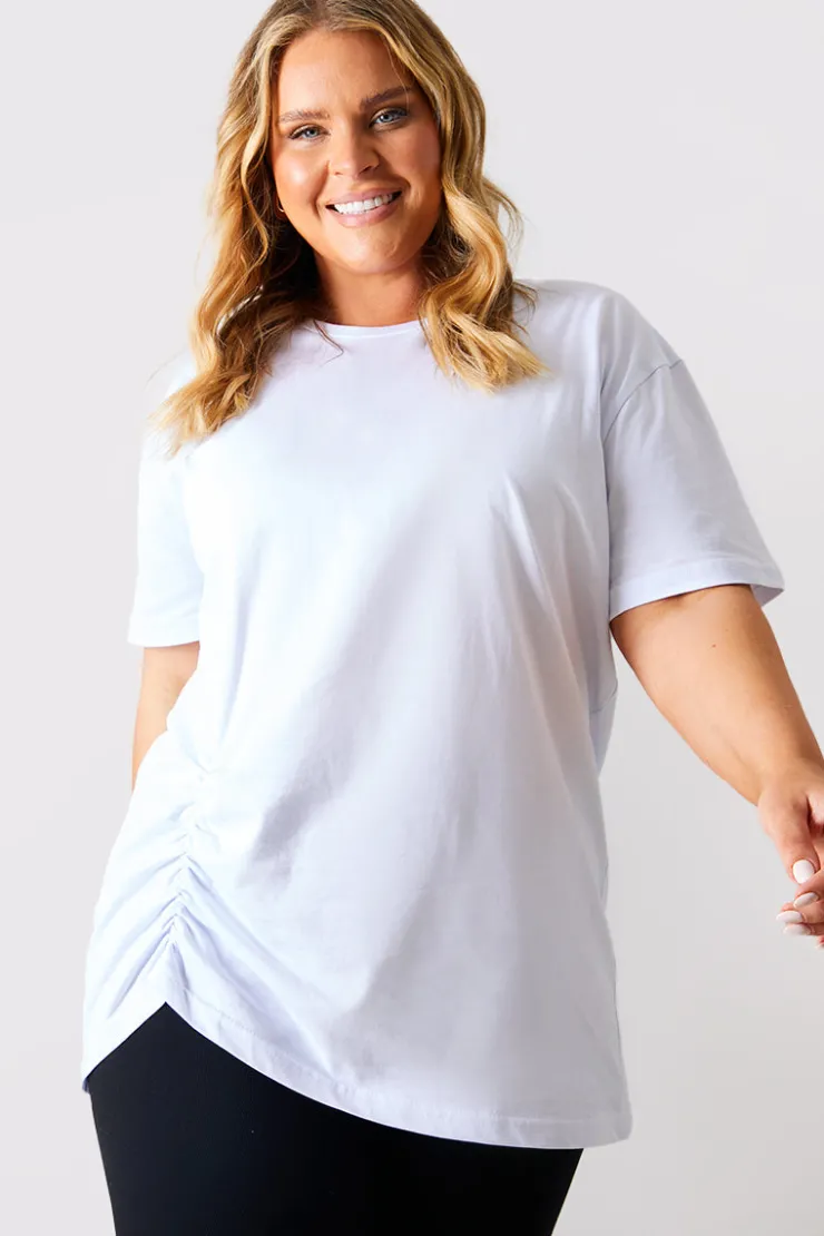 Outlet In The Style Ruched Longline Aysmmetric T-Shirt White