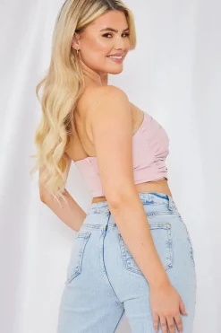 New In the Style Ruched Strapless Corset Top Pink