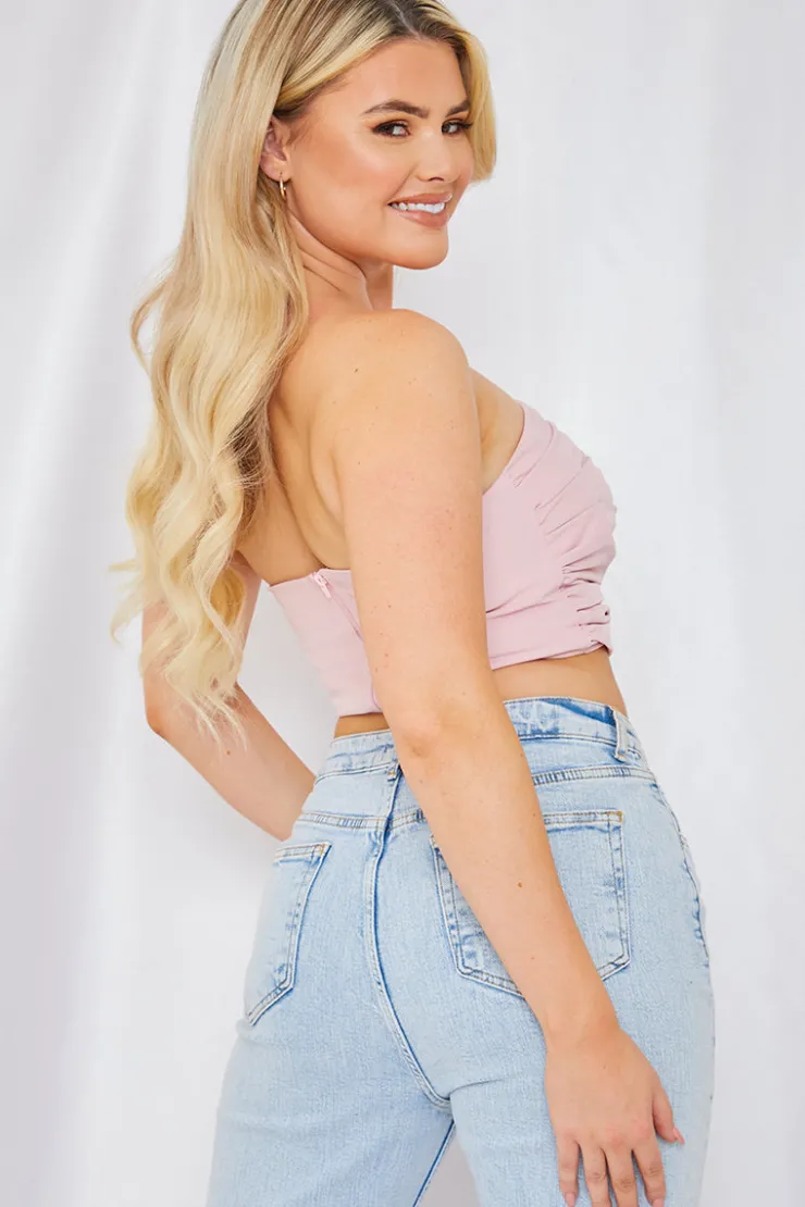 New In the Style Ruched Strapless Corset Top Pink