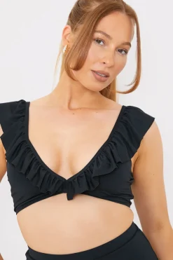 Outlet In The Style Ruffle Neck Bikini Top Black