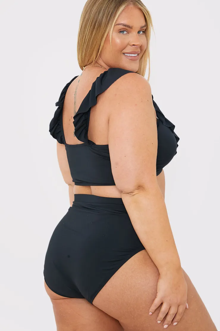 Outlet In The Style Ruffle Neck Bikini Top Black
