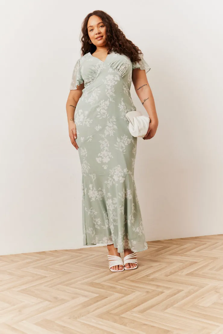 Clearance In The Style Floral Print Chiffon Flutter Sleeve Maxi Dress Sage