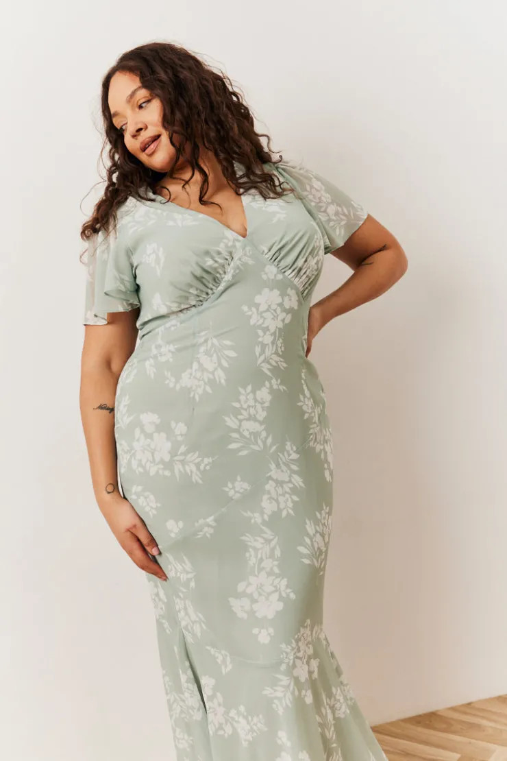 Clearance In The Style Floral Print Chiffon Flutter Sleeve Maxi Dress Sage