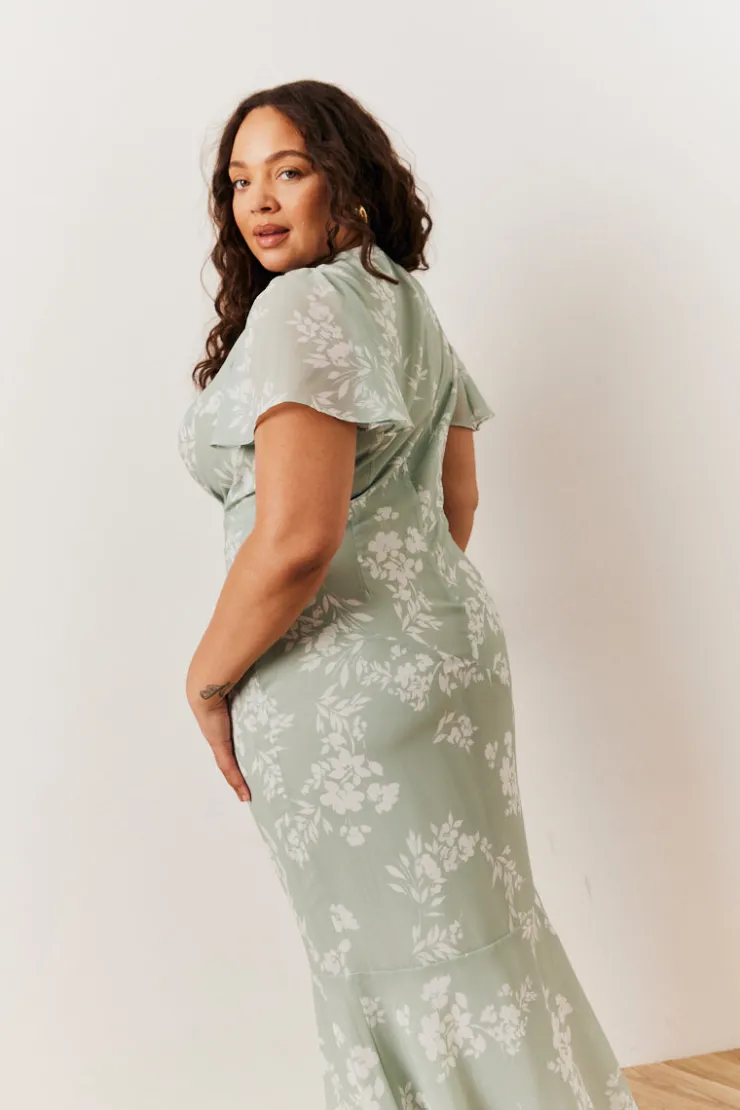 Clearance In The Style Floral Print Chiffon Flutter Sleeve Maxi Dress Sage