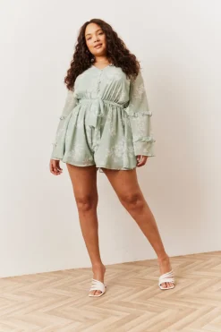 Hot In The Style Floral Print Floaty Playsuit Sage