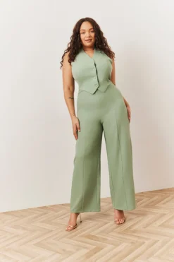 Sale In The Style Tailored Halterneck Waistcoat Wide Leg Jumpsuit Sage