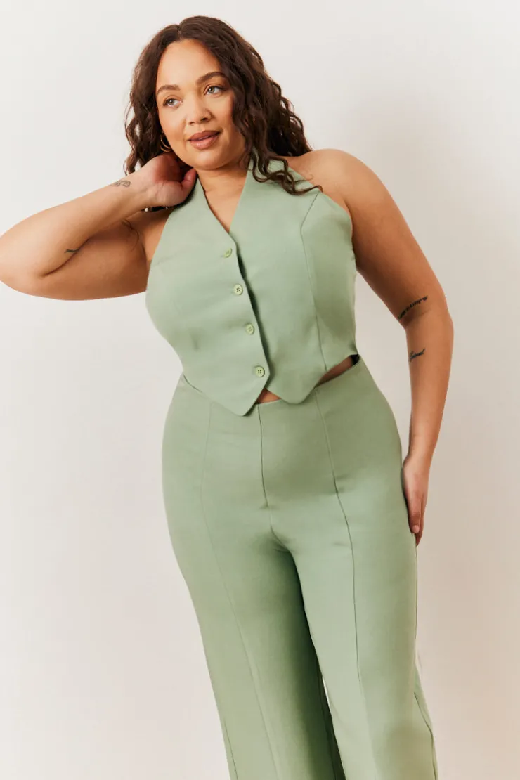 Sale In The Style Tailored Halterneck Waistcoat Wide Leg Jumpsuit Sage