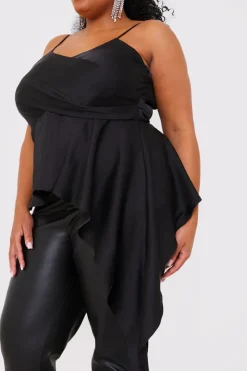 In the Style Satin Asymmetric Cami Top Black
