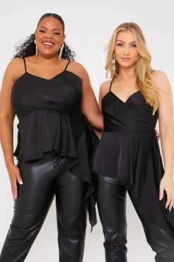 In the Style Satin Asymmetric Cami Top Black