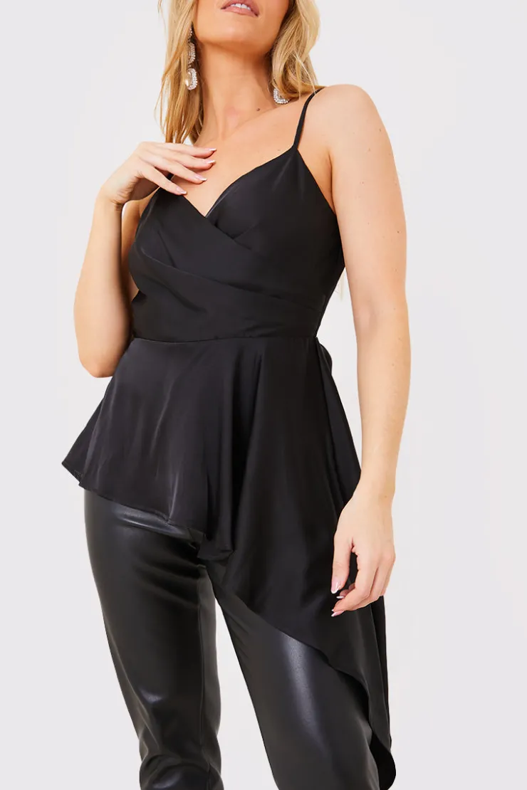 In the Style Satin Asymmetric Cami Top Black