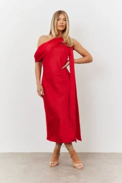 Clearance In The Style Satin Asymmetric Draped Neckline Midi Dress Red
