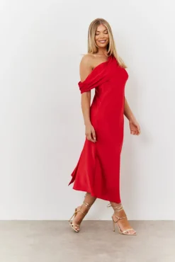 Clearance In The Style Satin Asymmetric Draped Neckline Midi Dress Red
