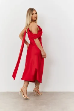 Clearance In The Style Satin Asymmetric Draped Neckline Midi Dress Red