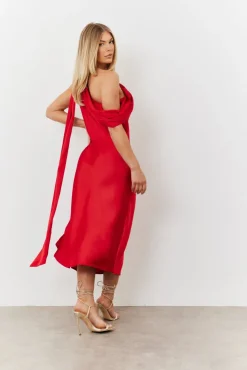 Clearance In The Style Satin Asymmetric Draped Neckline Midi Dress Red