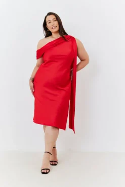 Clearance In The Style Satin Asymmetric Draped Neckline Midi Dress Red