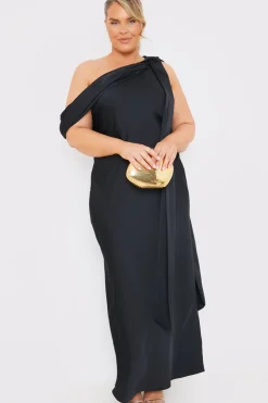 Sale In The Style Satin Asymmetric Draped Neckline Maxi Dress Black