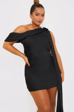 Outlet Terrie Mcevoy Satin Asymmetric Neckline Mini Dress Black