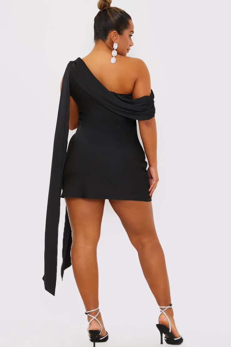 Outlet Terrie Mcevoy Satin Asymmetric Neckline Mini Dress Black