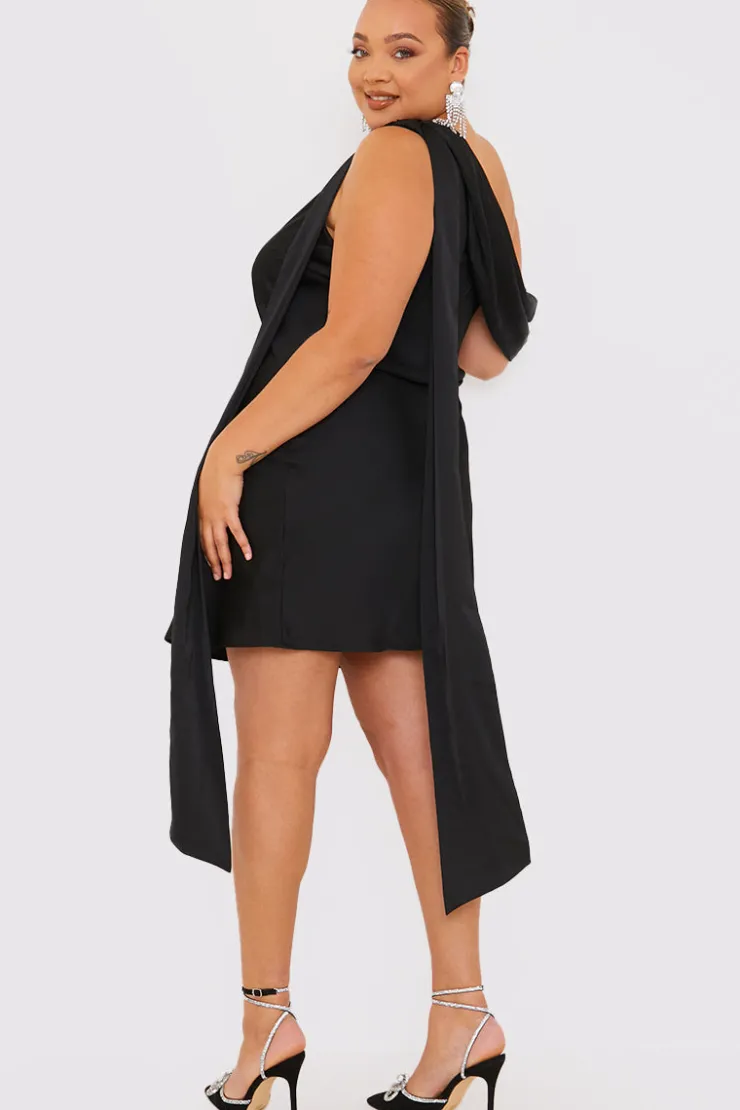 Outlet Terrie Mcevoy Satin Asymmetric Neckline Mini Dress Black