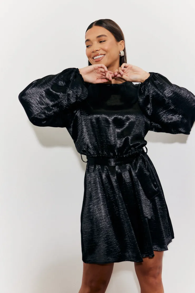 New In the Style Satin Balloon Sleeve Belted Mini Dress Black