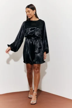 New In the Style Satin Balloon Sleeve Belted Mini Dress Black