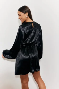 New In the Style Satin Balloon Sleeve Belted Mini Dress Black