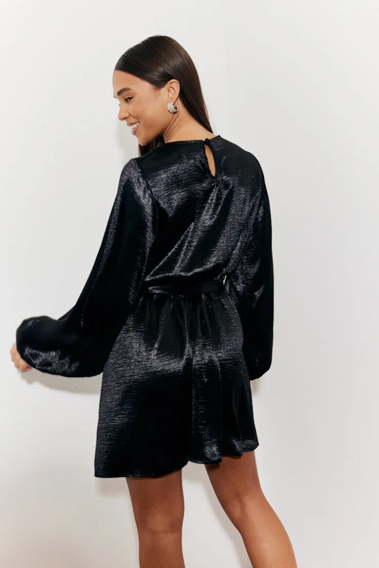 New In the Style Satin Balloon Sleeve Belted Mini Dress Black