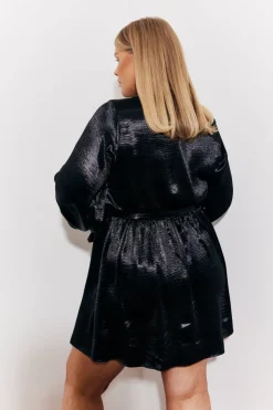 New In the Style Satin Balloon Sleeve Belted Mini Dress Black