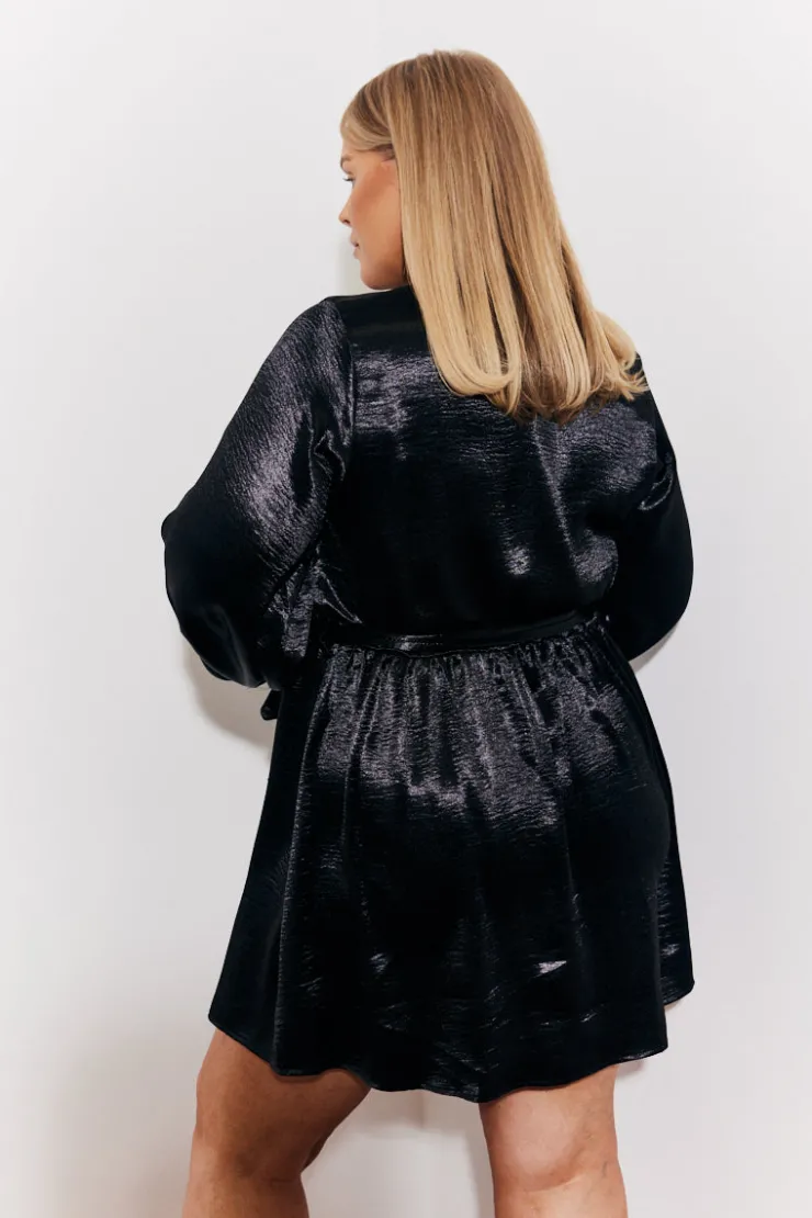 New In the Style Satin Balloon Sleeve Belted Mini Dress Black