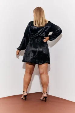 New In the Style Satin Balloon Sleeve Belted Mini Dress Black