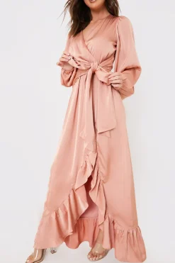 Outlet In the Style Satin Balloon Sleeve Maxi Dress Pink