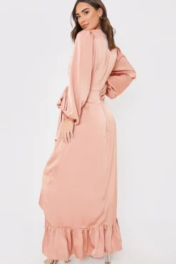 Outlet In the Style Satin Balloon Sleeve Maxi Dress Pink