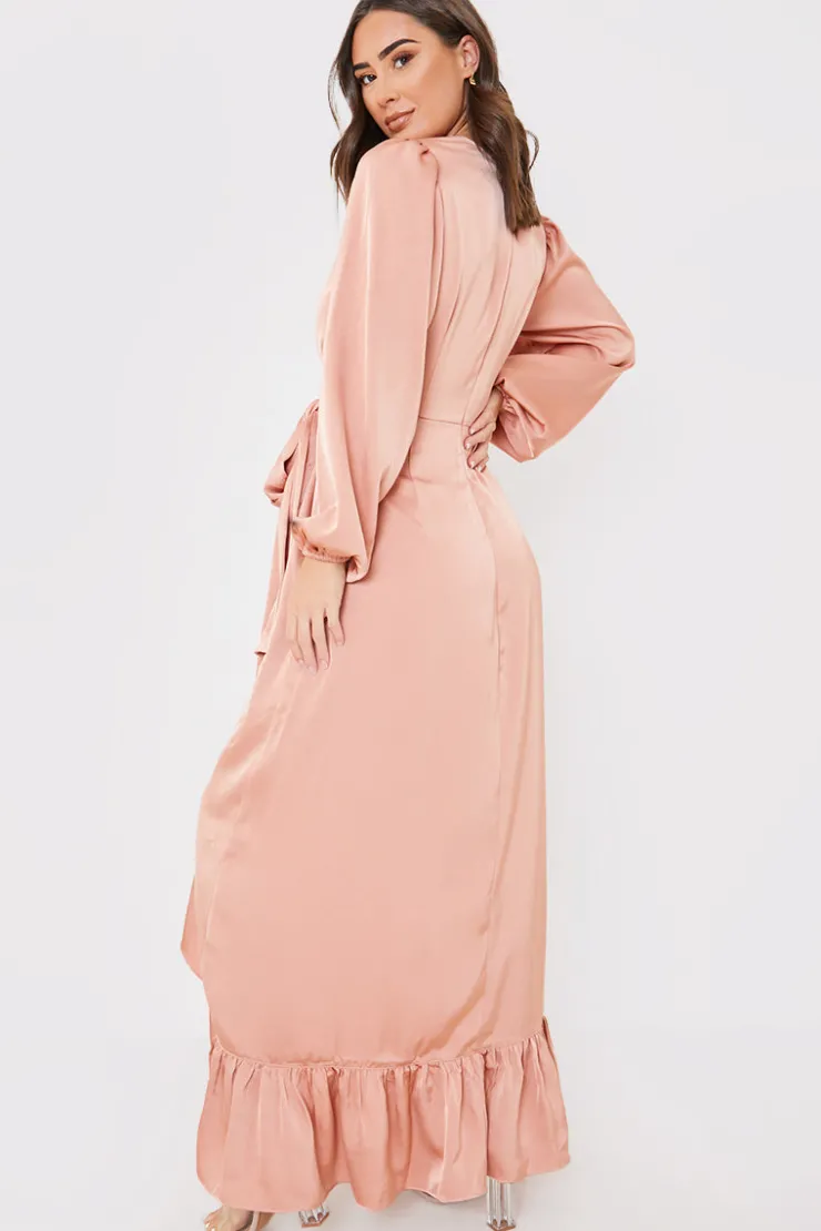 Outlet In the Style Satin Balloon Sleeve Maxi Dress Pink