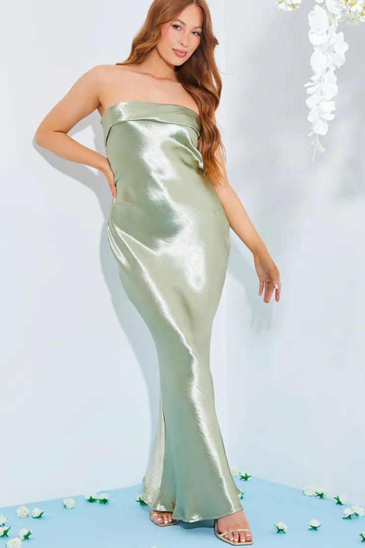 New In The Style Satin Bandeau Cowl Back Cut Out Maxi Dress Sage