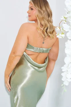 New In The Style Satin Bandeau Cowl Back Cut Out Maxi Dress Sage
