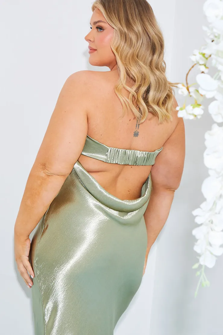 New In The Style Satin Bandeau Cowl Back Cut Out Maxi Dress Sage