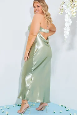 New In The Style Satin Bandeau Cowl Back Cut Out Maxi Dress Sage