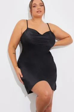 New Fits Satin Cowl Front Mini Dress Black
